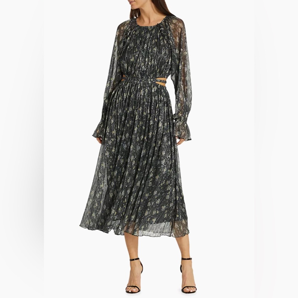 Moon River Metallic Floral Pleated Midi-Dress